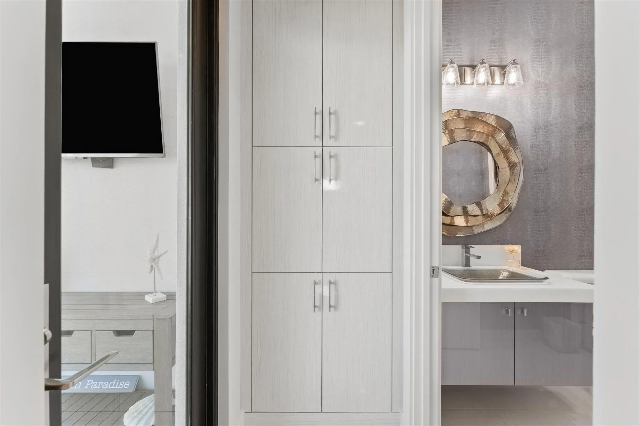 CUSTOM LINEN CABINETRY/CABANA BATHROOM/DOOR