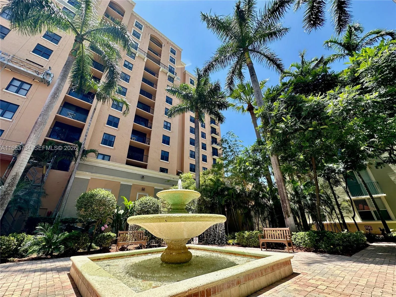 Romantic Courtyard with water fountains at Cityplace Tower Condo.651 Okeechobee Blvd., Unit #202, West Palm Beach, FL. City Place Tower Condominium. For Sale.