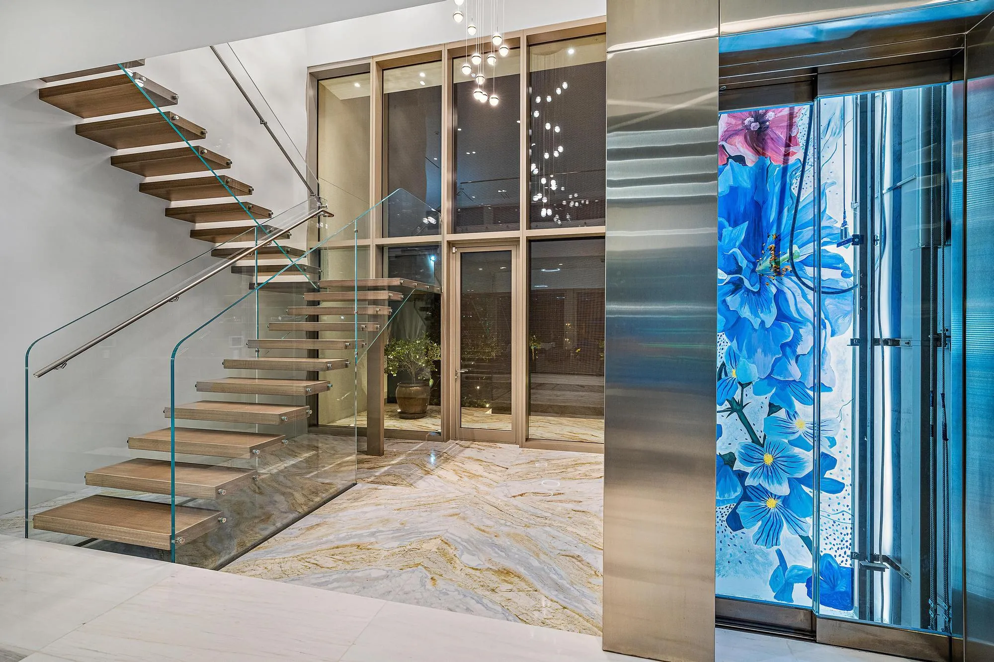 Handpainted mural in elevator shaft