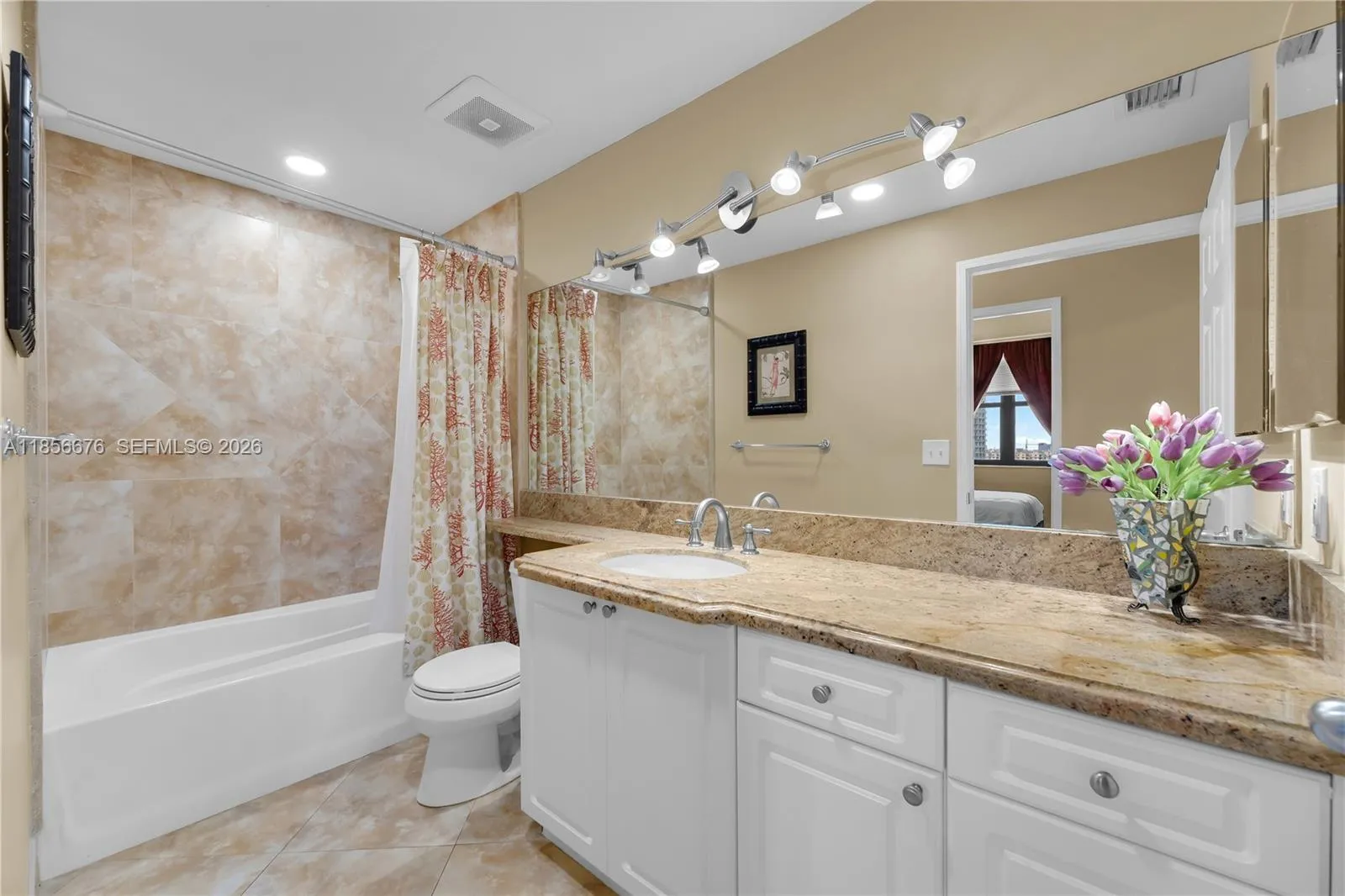 Updated Bathroom with shower/tub combination.651 Okeechobee Blvd., Unit #1002, West Palm Beach, FL. City Place Tower Condominium. For Sale.