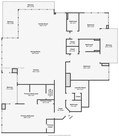 2,606 sq ft3 bedrooms, each with its own bathroom and walk-in closet, 3 balconies plus powder room. kitchen with long island, dinning room and living room.