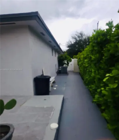 side yard with privacy hedge and shed