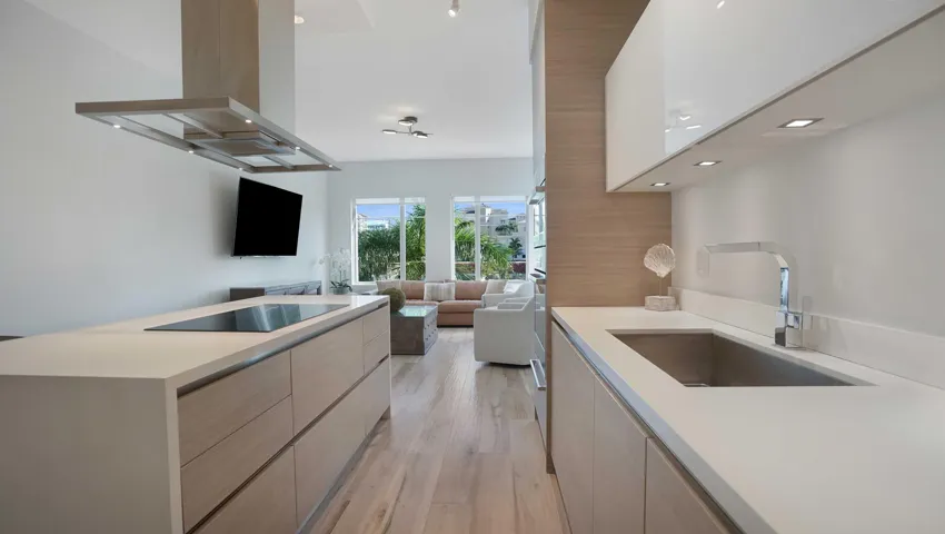 Open-concept kitchen at Tower 155 in Downtown Boca Raton, thoughtfully designed for everyday living and effortless entertaining just moments from Mizner Park.