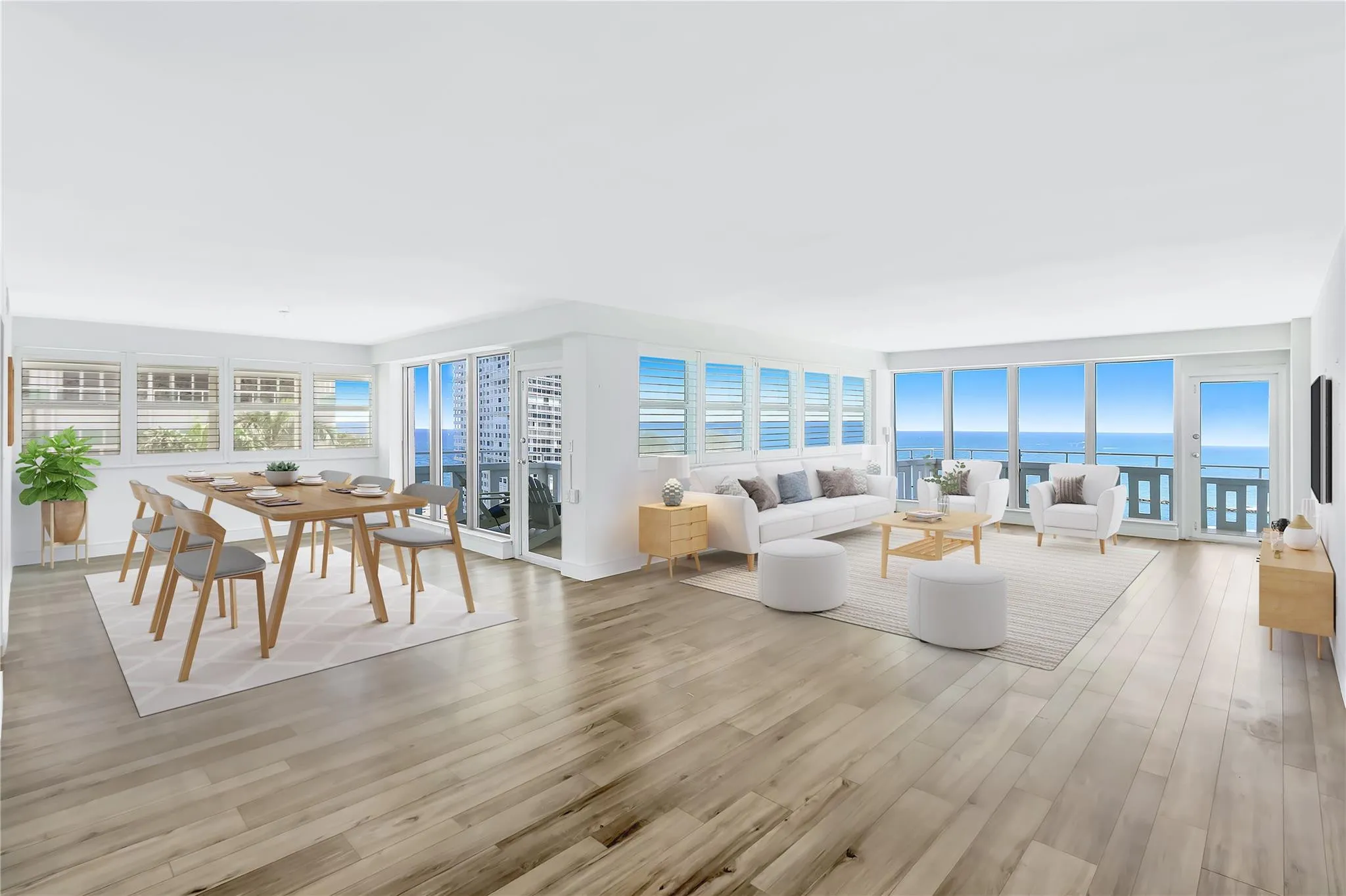 virtually staged living & dining areas w/photo shop of view due to protective film from windows