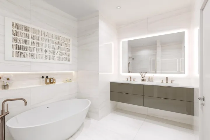 PRIMARY SUITE WITH FLOOR TO CEILING QUARTS & LUXURIOUS BRUSH BRONZE FIXTURES, CHOICE OF HIGH GLOSS FLOATING VANITY & COMPLETE WITH A SOAKING TUB AND GLASS ENCLOSED SHOWER
