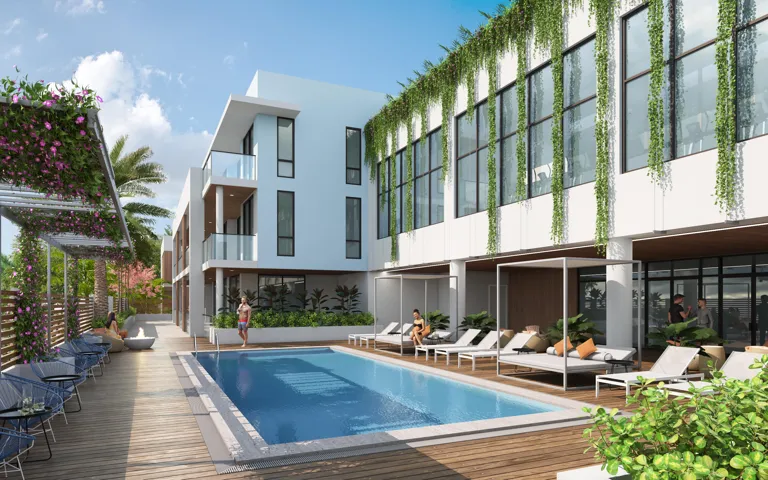 RESORTS STYLE SWIMMING POOL SURROUNDED BY BEAUTIFUL STONE, WOOD, & LUSH GREENARY