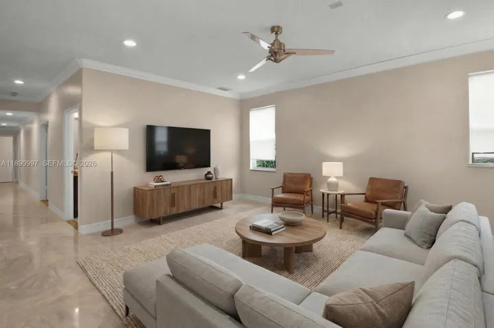 Virtual staging. Spacious family room with full impact windows and natural lightimpact windows