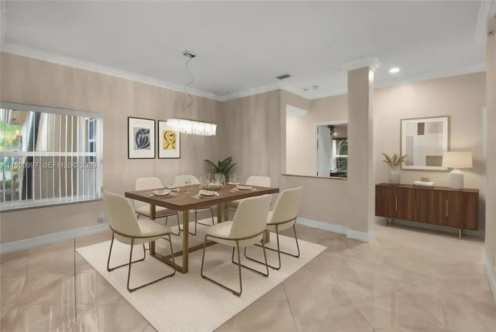 Virtual staging. Large dining area with full impact windows and abundant light