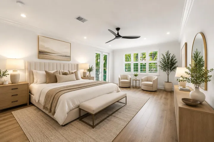 Primary bedroom with staged furniture for perspective.