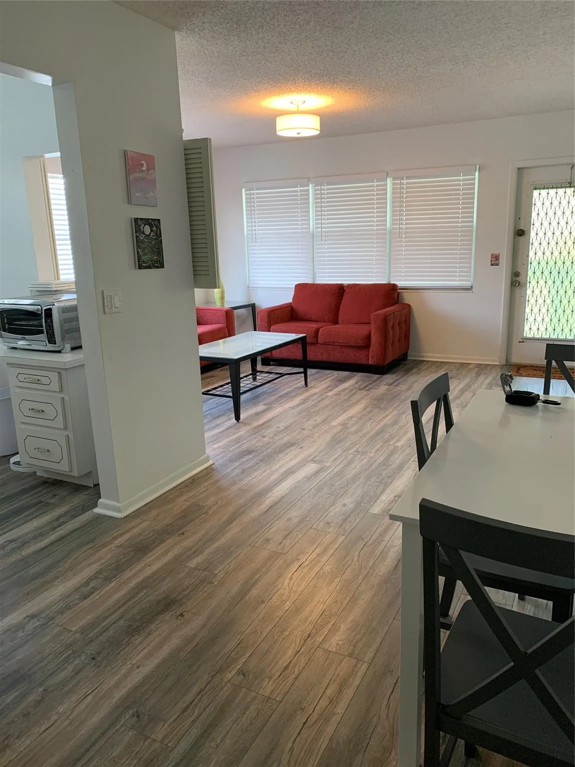 Kitchen, Living and Dining areas.