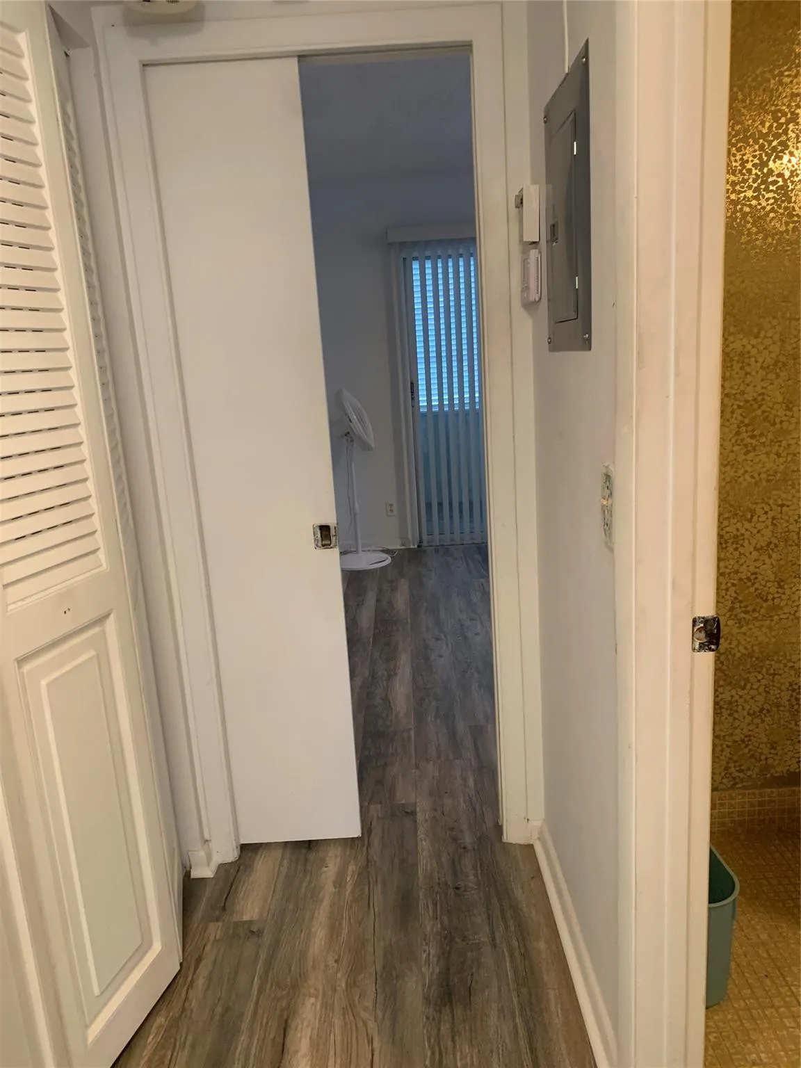 Hallway to Bedroom, a slide out pocket door for privacy.