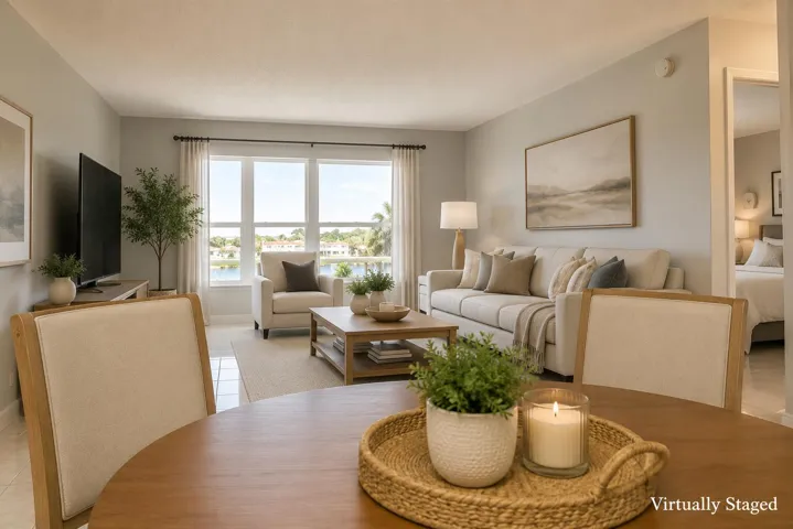 Virtual photo. View from dining area to living room and out to water view. This is a 2 bedroom condo in Golden Lakes.
