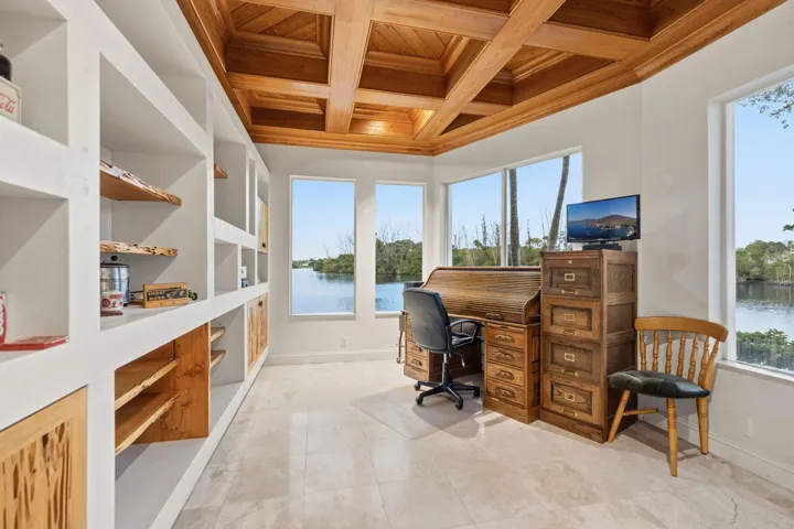 Office with coffered ceiling