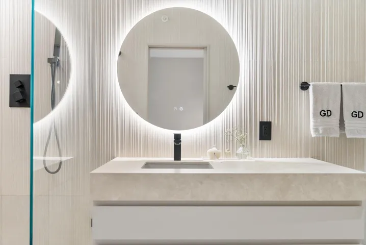 Guest Bathroom - LED Mirror, Custom Backsplash, Vanity
