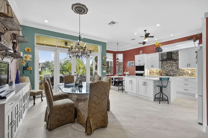 Formal dining view of family room and kitchen