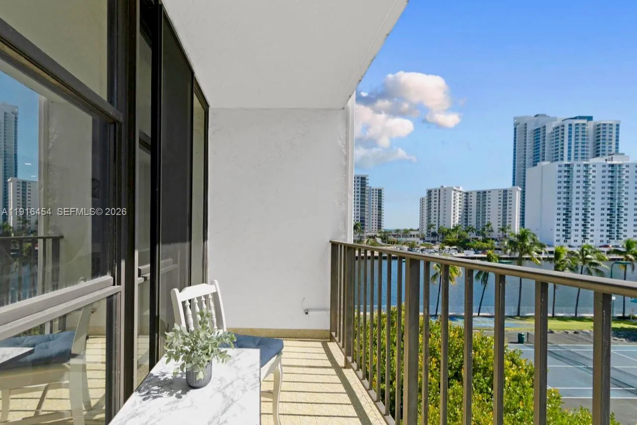 Spacious balcony, looking to the East. - Unit 518 is For Sale. - Oceanview Park Condominium, Three Islands, Hallandale Beach, FL 33009. 1000 Parkview Drive, Unit #518.