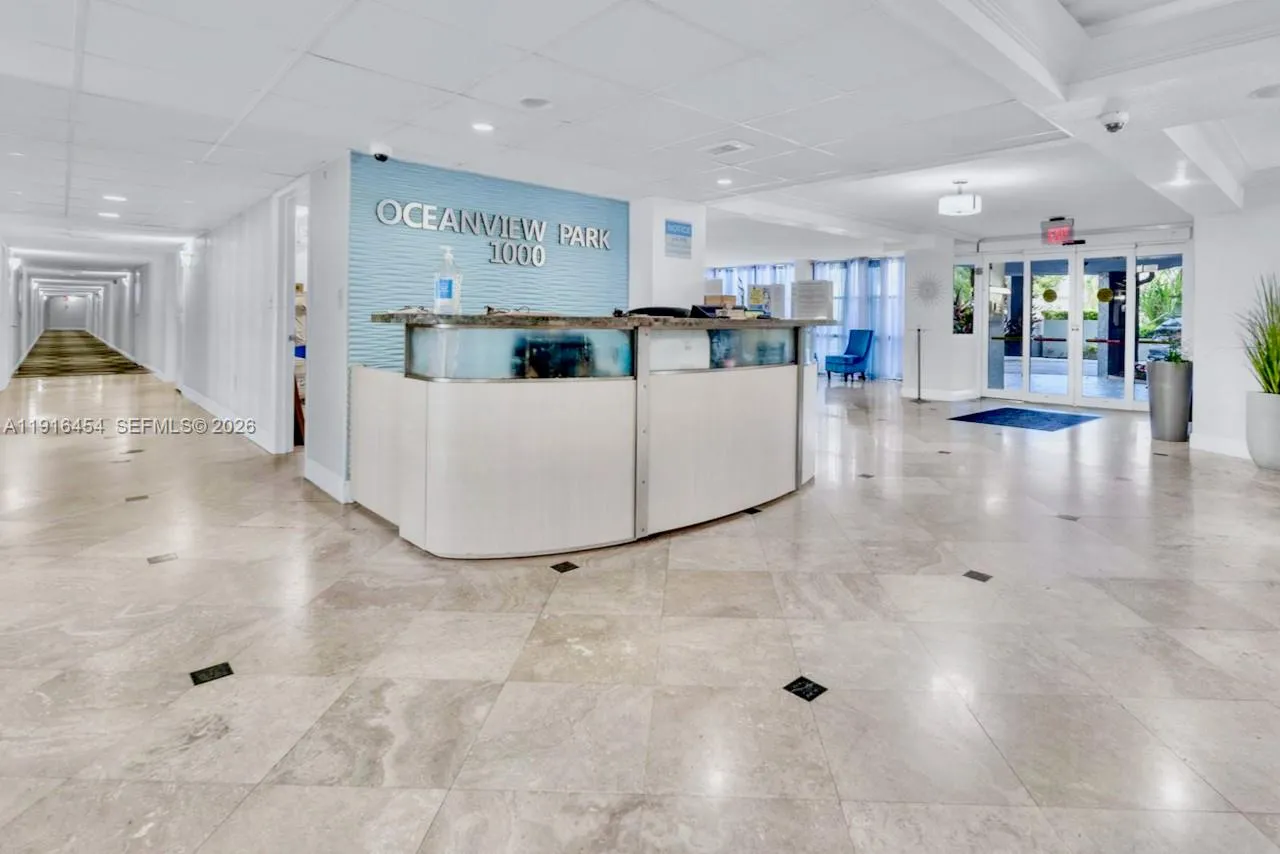24-hours security and front desk at Oceanview Park Condominium. Welcoming lobby. - Three Islands, Hallandale Beach, FL 33009. 1000 Parkview Drive, Unit #518.