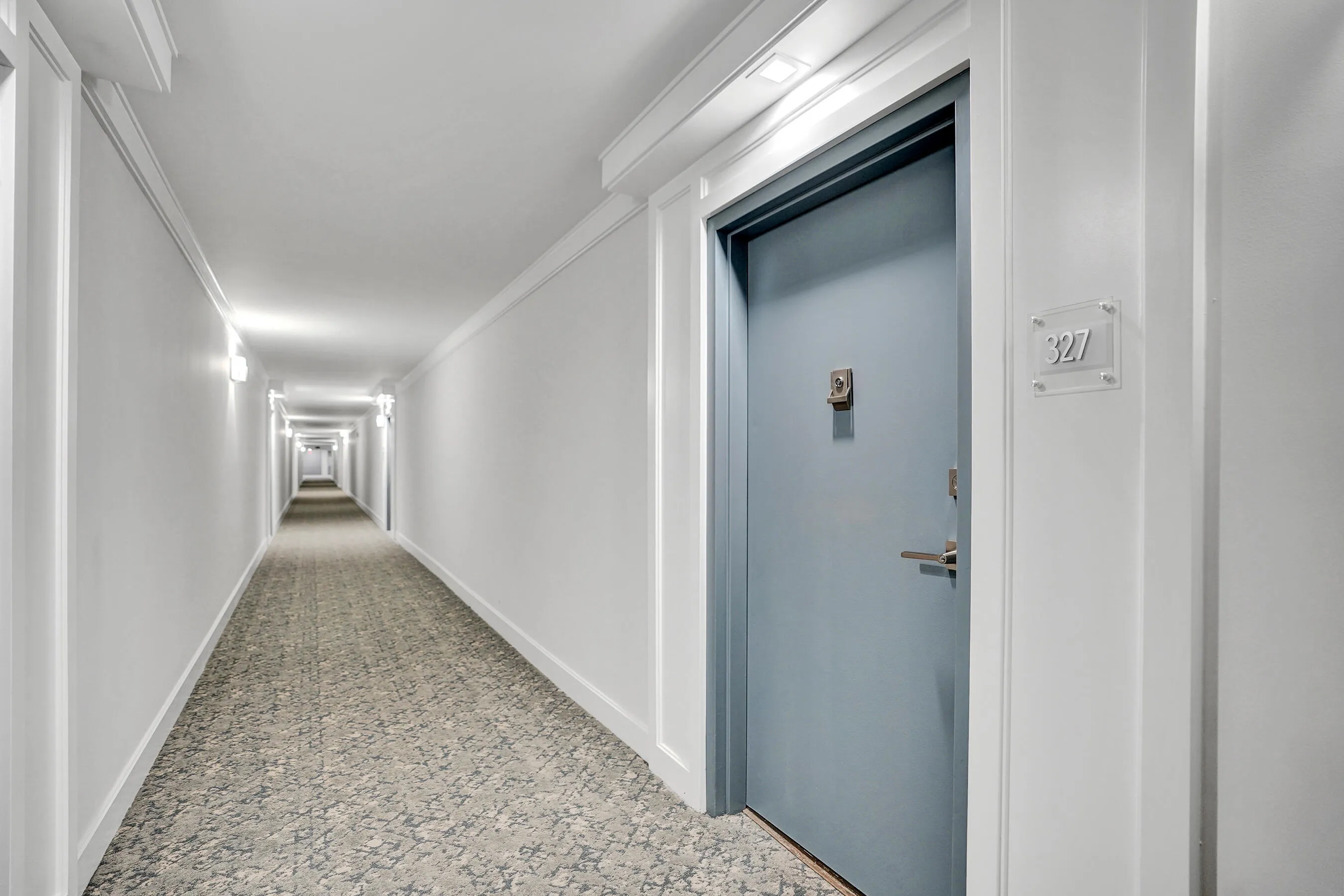 Wonderful remodeling of the lobby and hallways. Well lite and elegant doors into units
