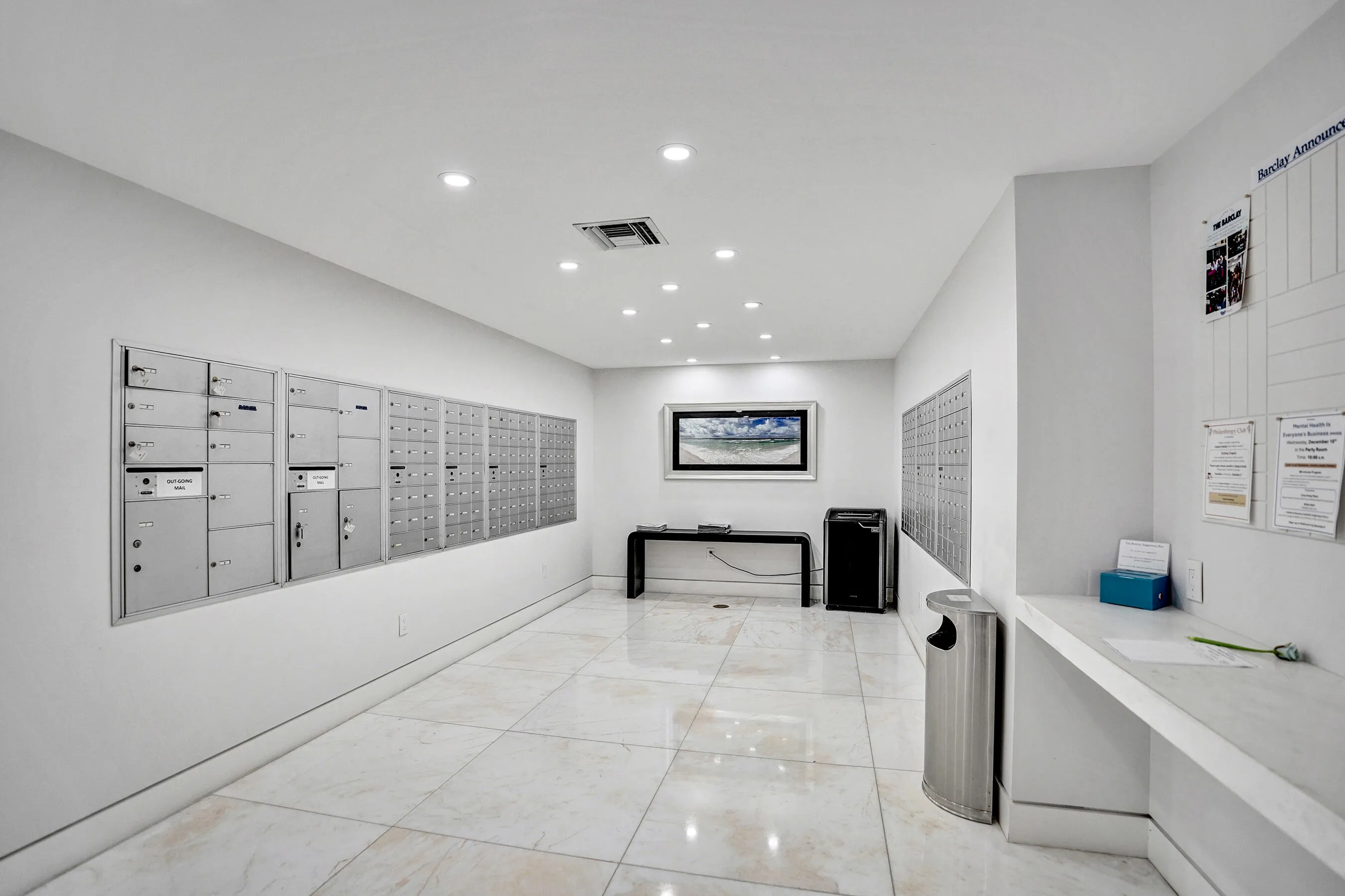 Shredeer and counter to sort and shift the mail from USPS. Packages delivered to front desk per Amazon, FedEx and UPS