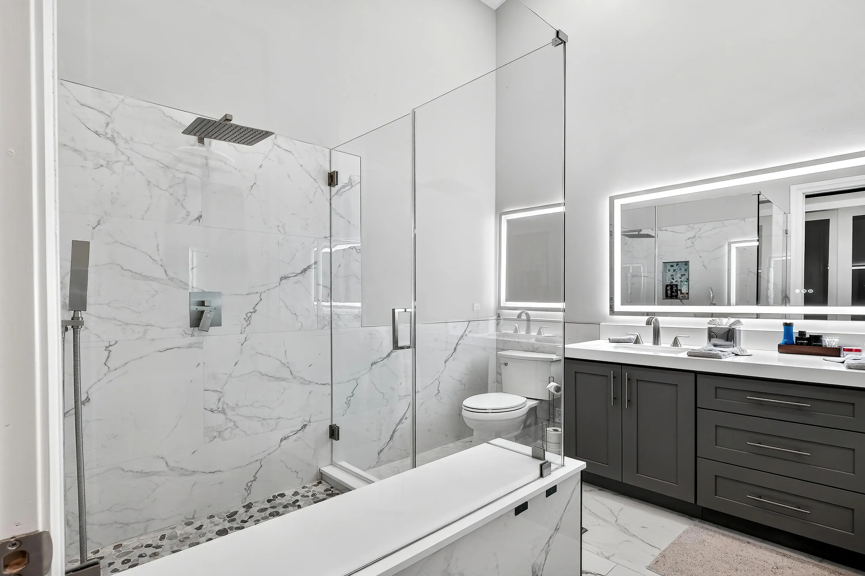 Primary Bath Frameless Glass Shower, with Double Sinks Quartz Counter Tops and Modern Frameless Anti-Fog LED Lighted Dimmable Wall Mounted Bathroom Vanity Mirror