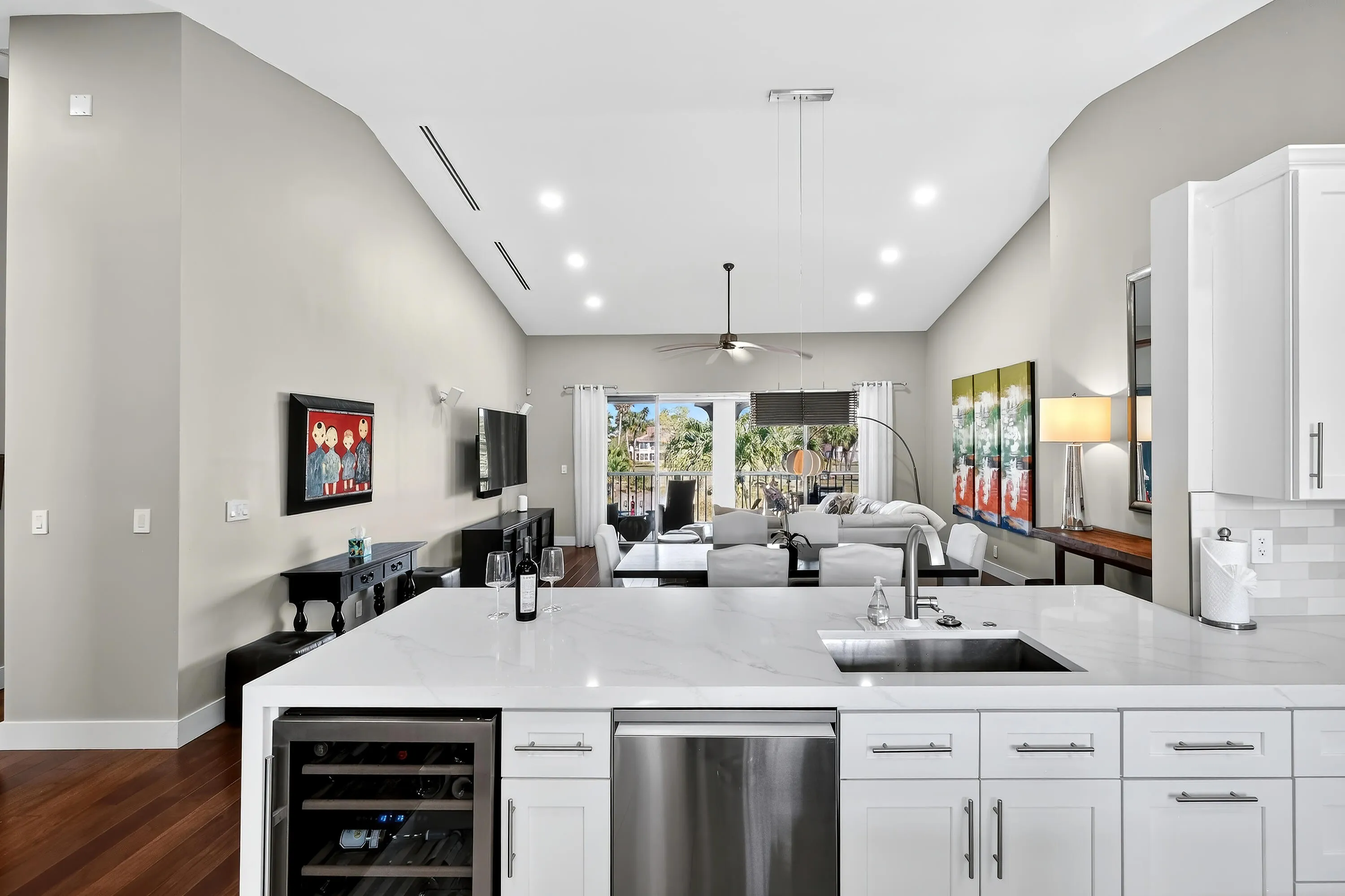 Quartz Counter Tops, Undermont Sink, Stainless Steel Dishwasher, Wine Cooler