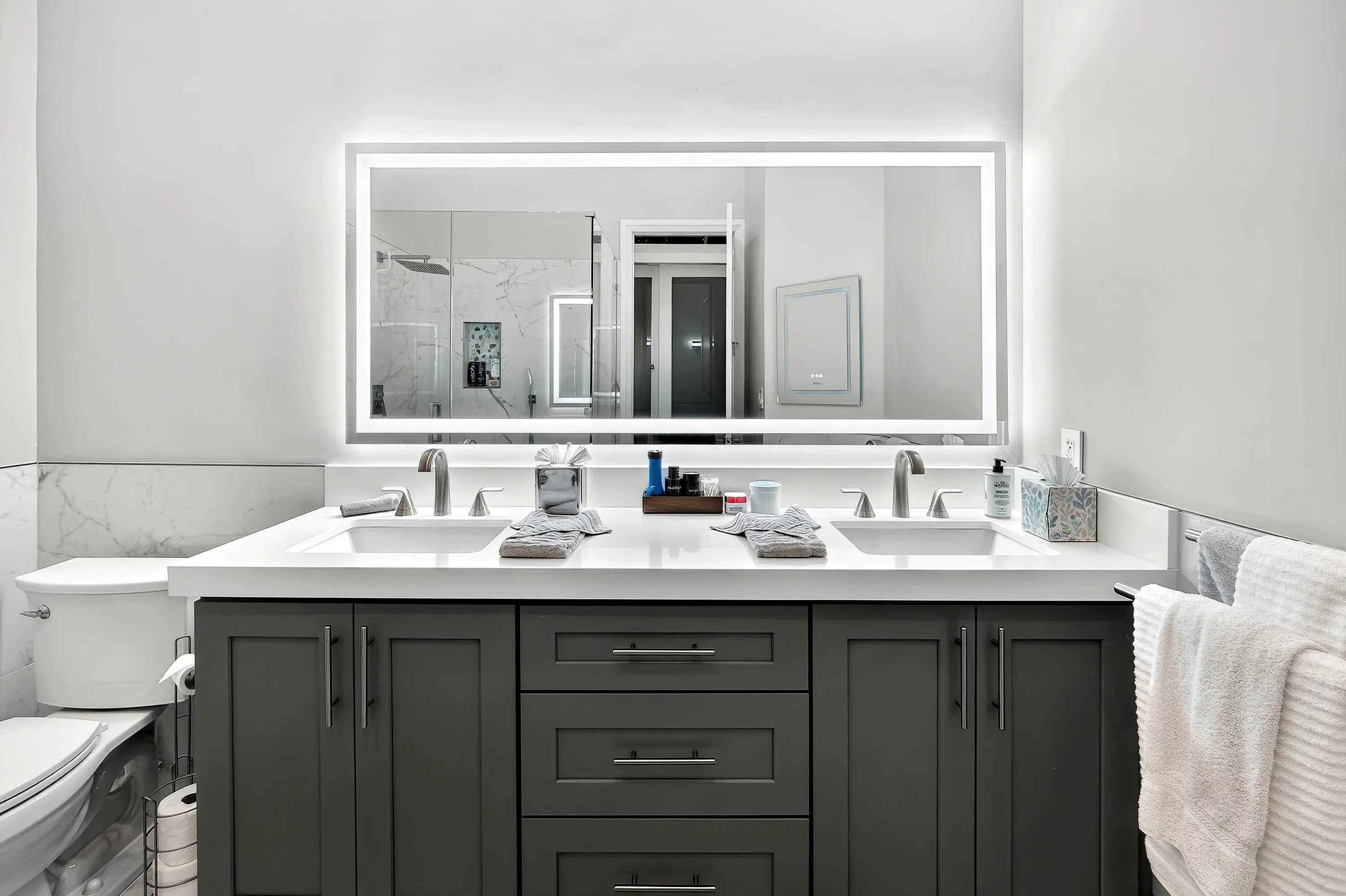 Primary Bath with Double Sinks Quartz Counter Tops and Modern Frameless Anti-Fog LED Lighted Dimmable Wall Mounted Bathroom Vanity Mirror