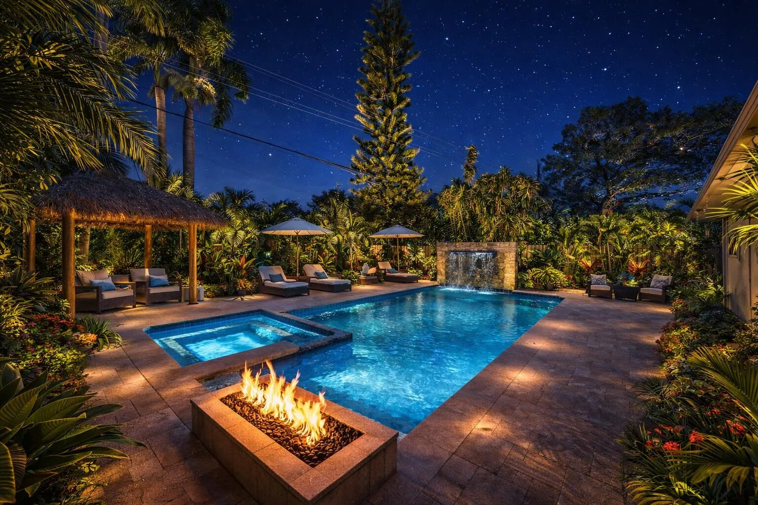 Pool area virtually staged - nighttime