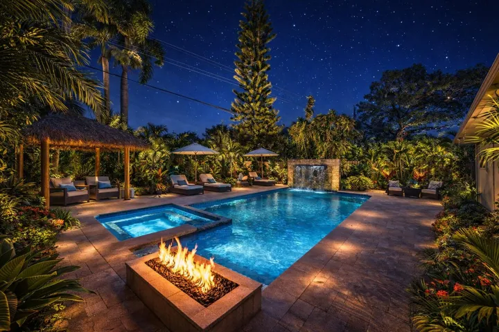 Pool area virtually staged - nighttime