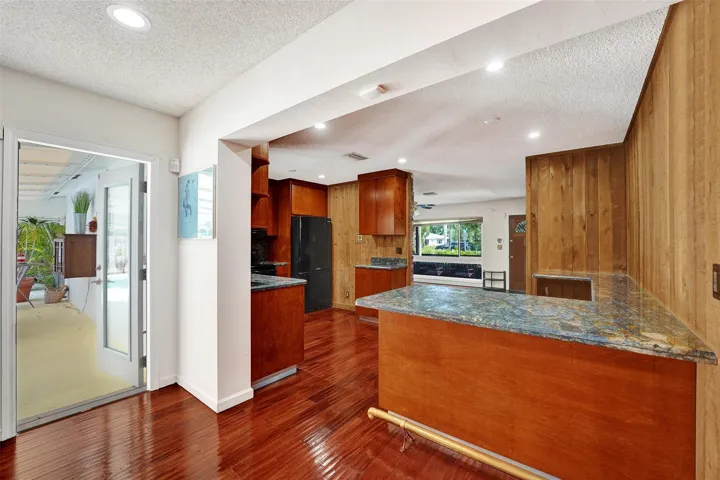 View of kitchen from dining area.