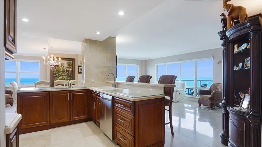 The kitchen has been opened up to take advantage of the ocean views.