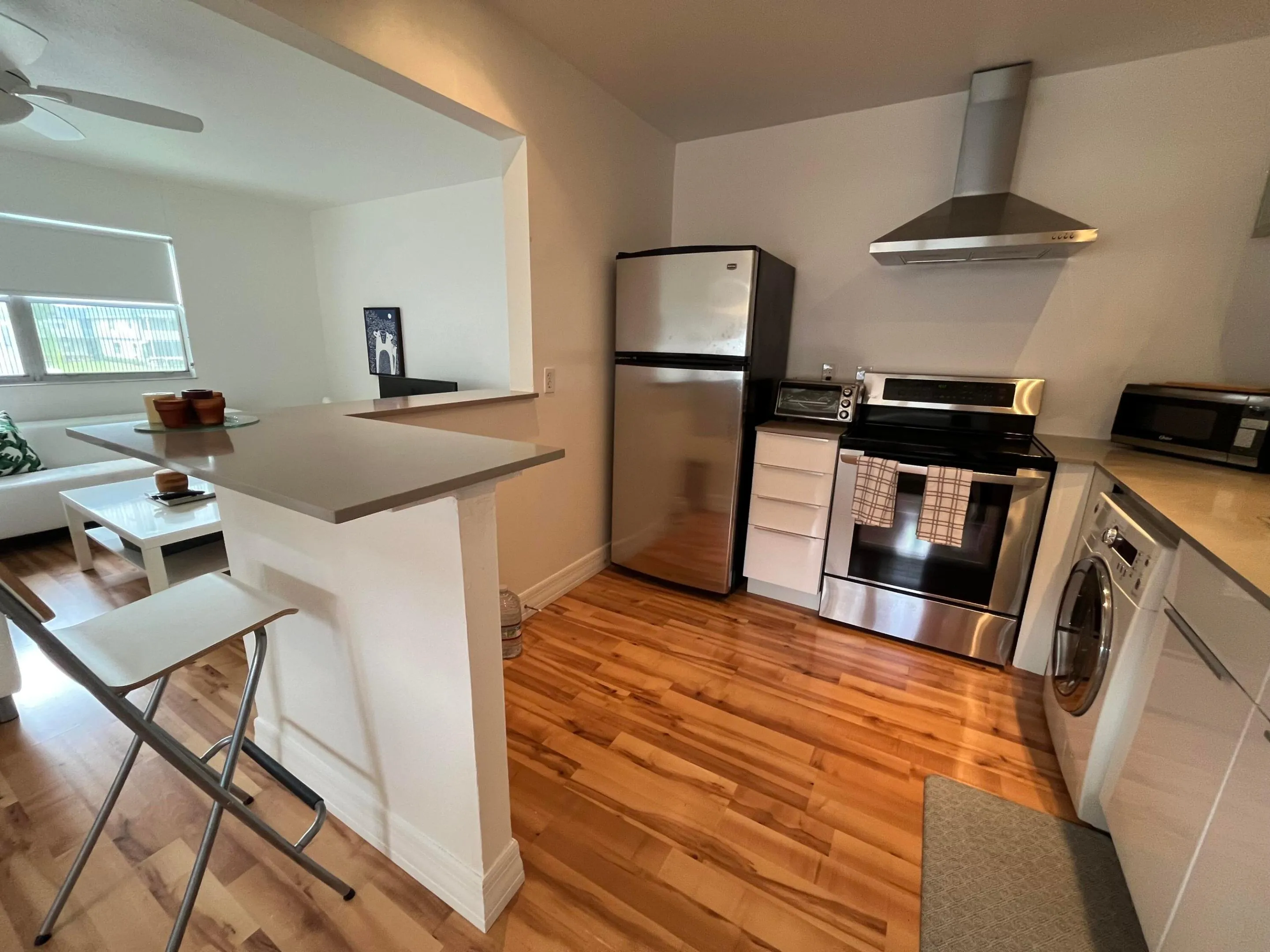 kitchen opened up with quartz gray countertops
