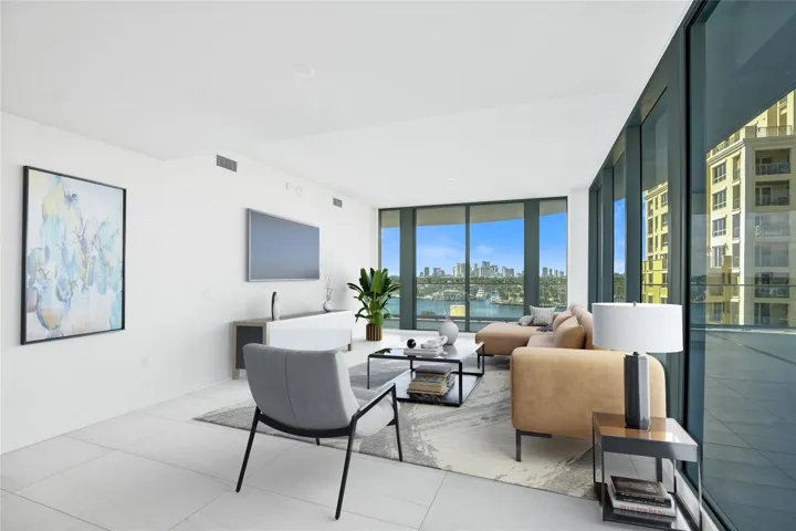 Virtually Staged Living room with amazing views of the Intracoastal and downtown Fort Lauderdale