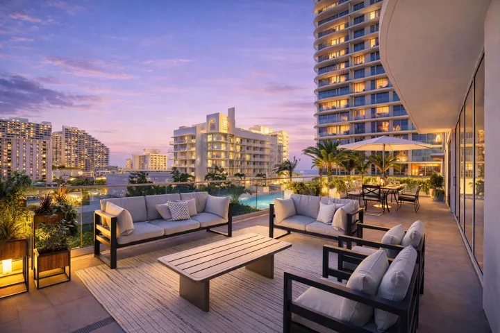 This is an AI enhanced photo showing the rare oversized terrace at twillight.