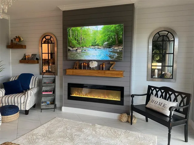BEAUTIFUL SHIPLAP ACCENT WALL WITH ELECTRIC FIREPLACE