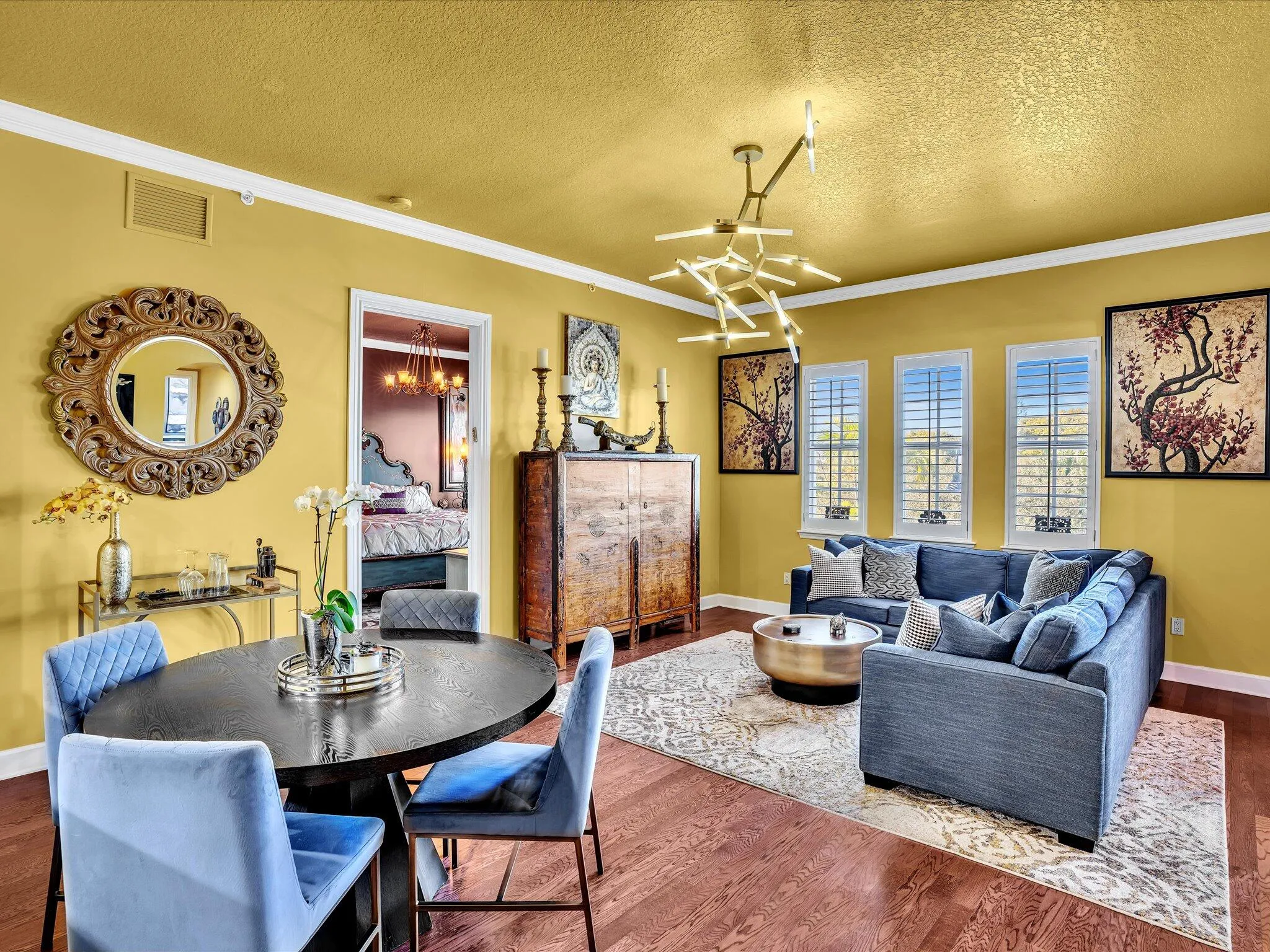 Crown Moldings & Custom Plantation Shutters throughout