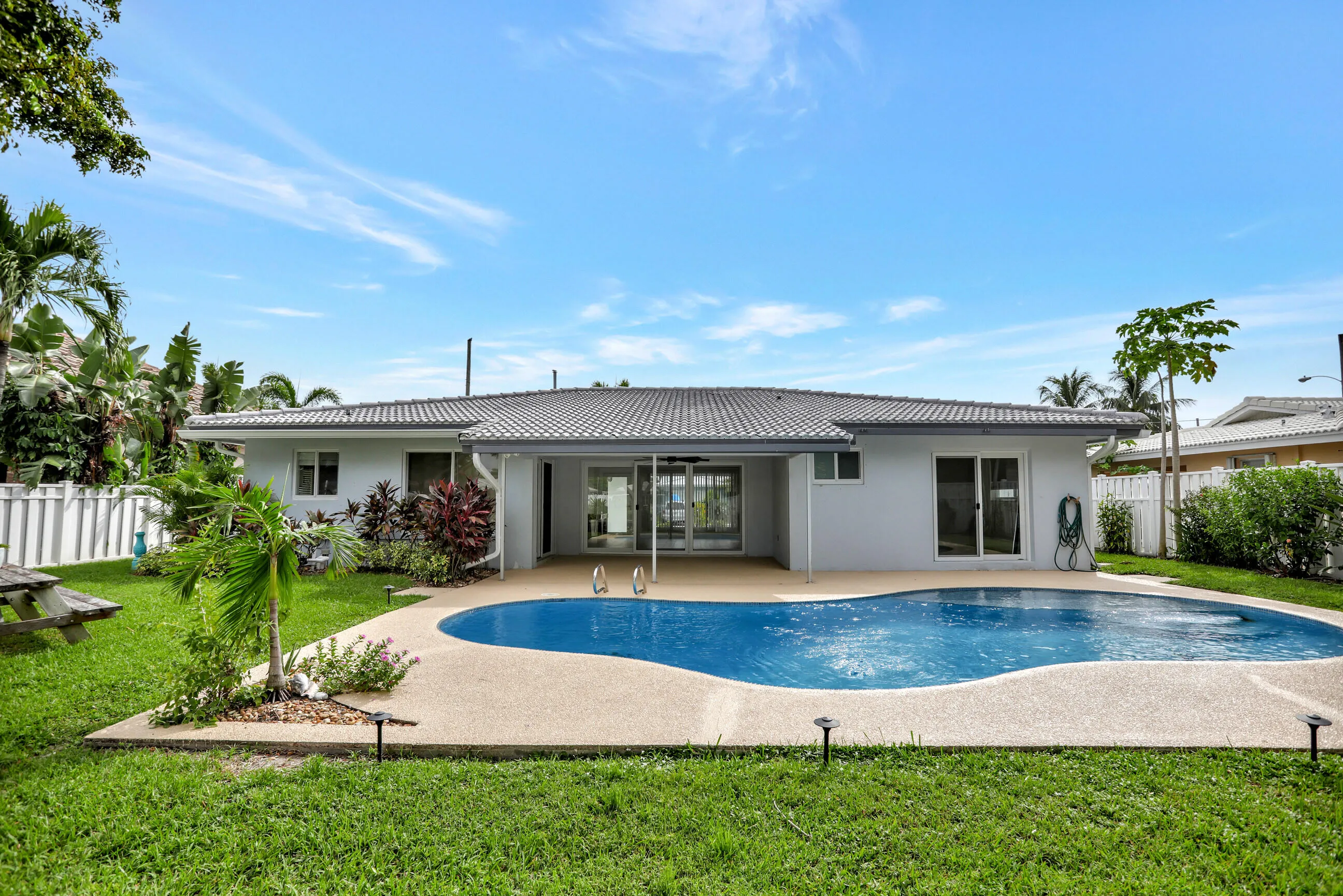 Pool and large deck. Privacy fence on both sides.