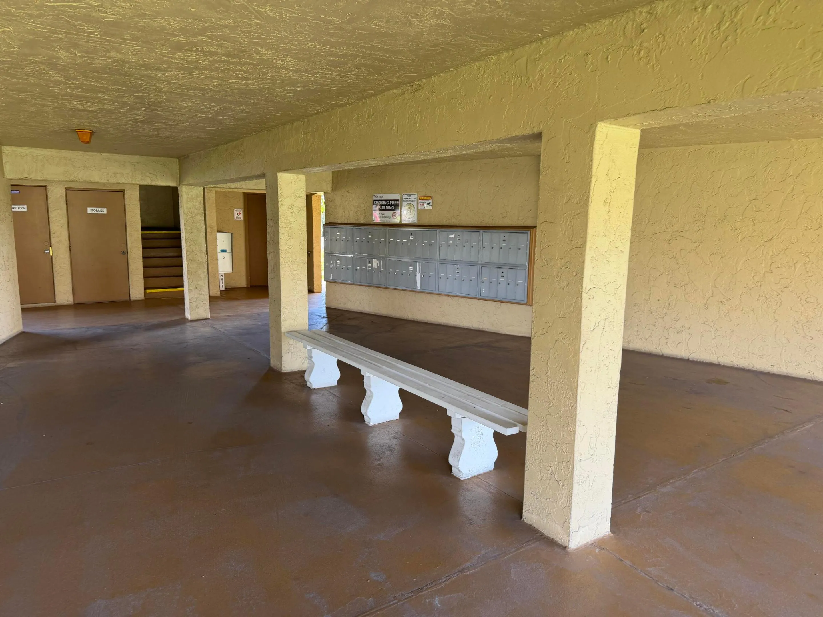 Mailboxes and bench
