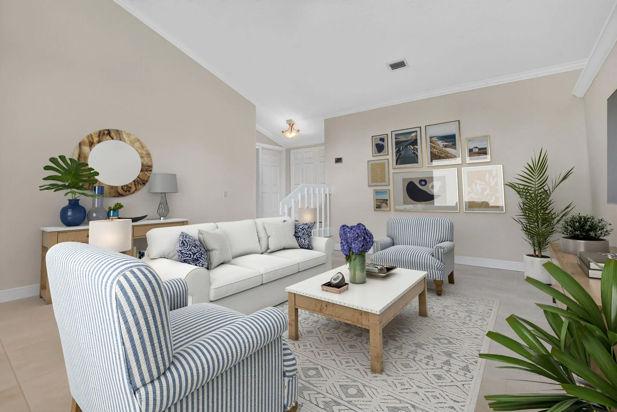 Great room features soaring ceilings for movie night.