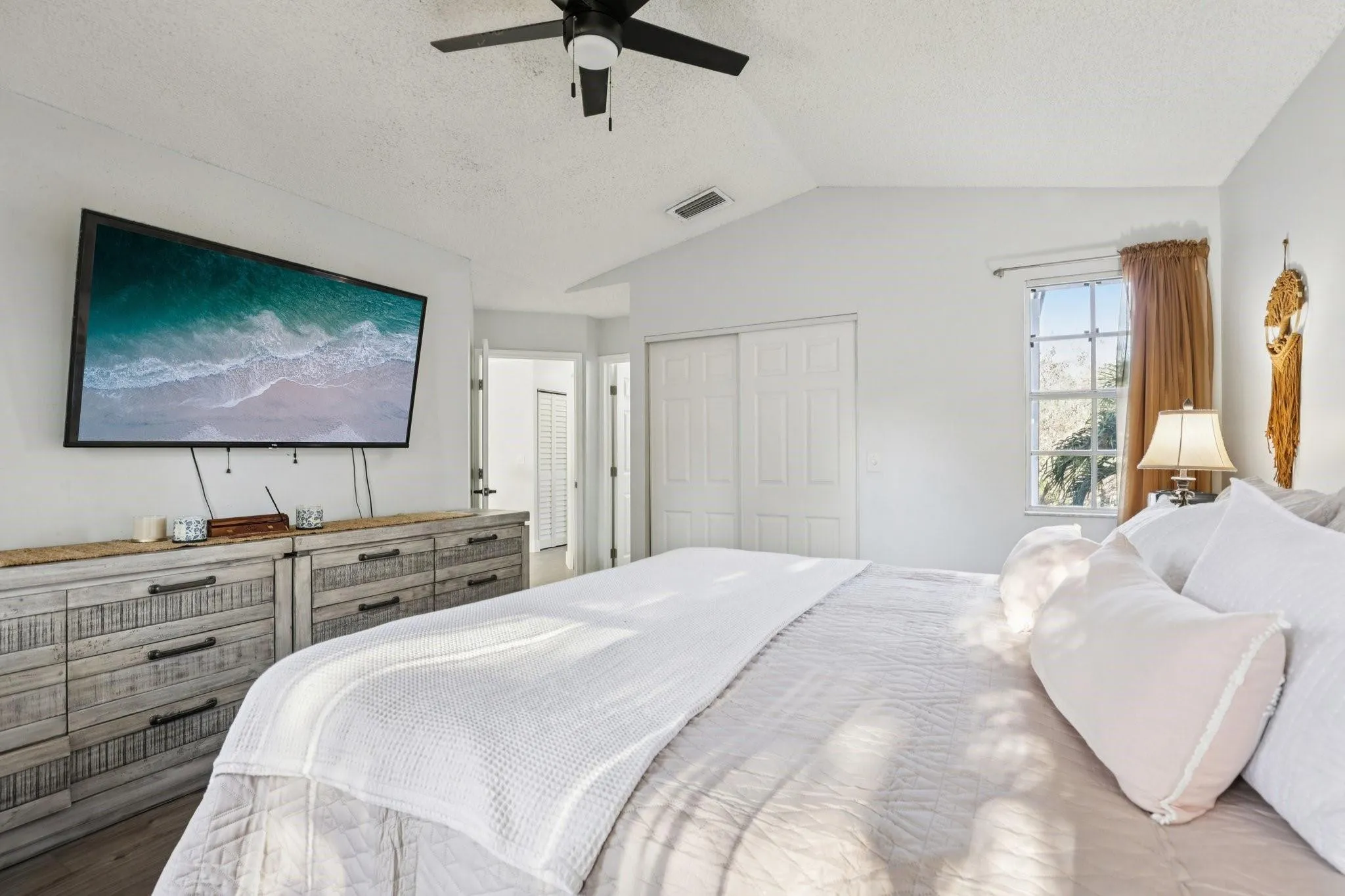 Its placement on the second floor provides added privacy from the main living areas below.