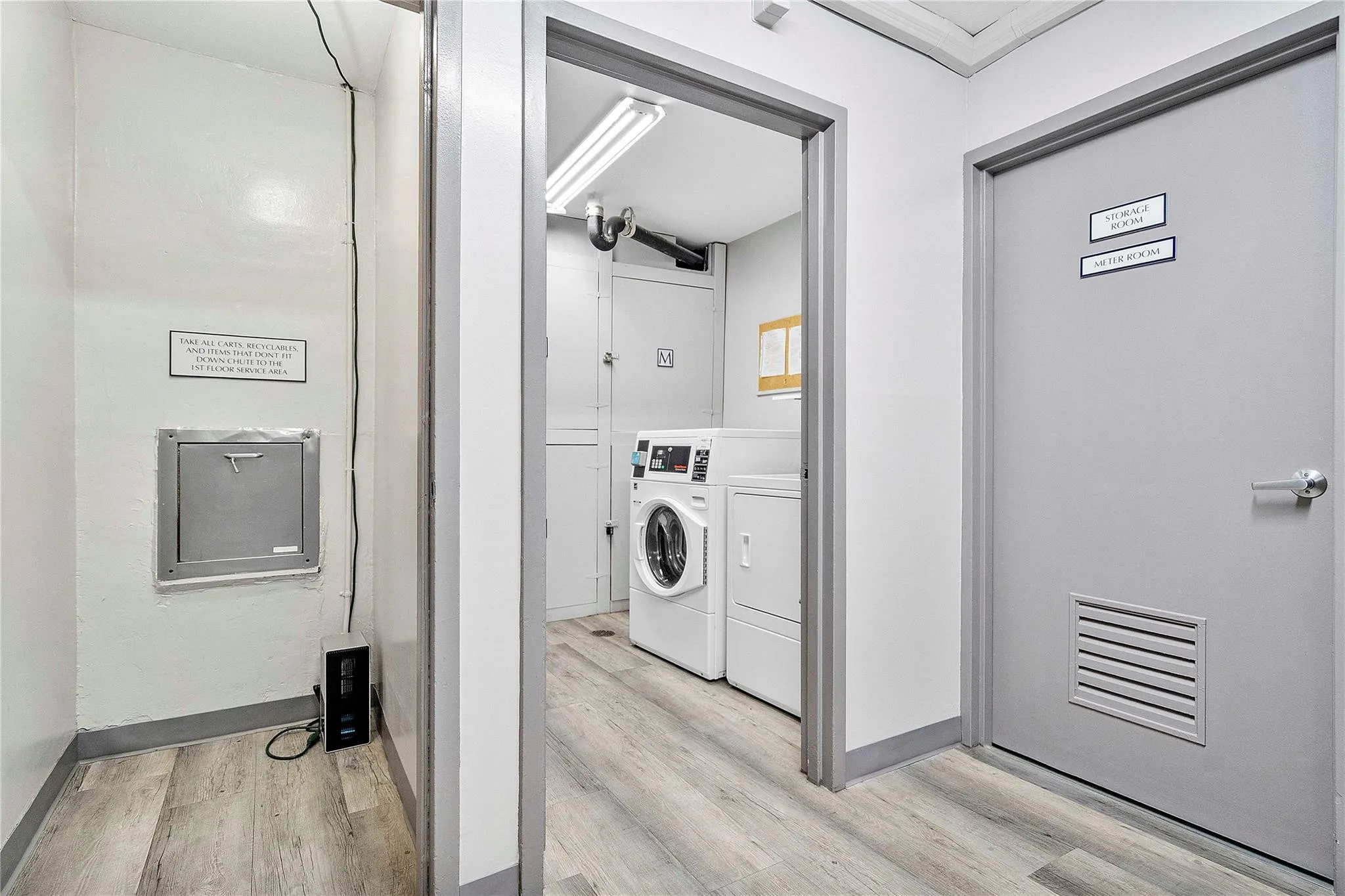 Community laundry on each floor, trash chute and storage lockers