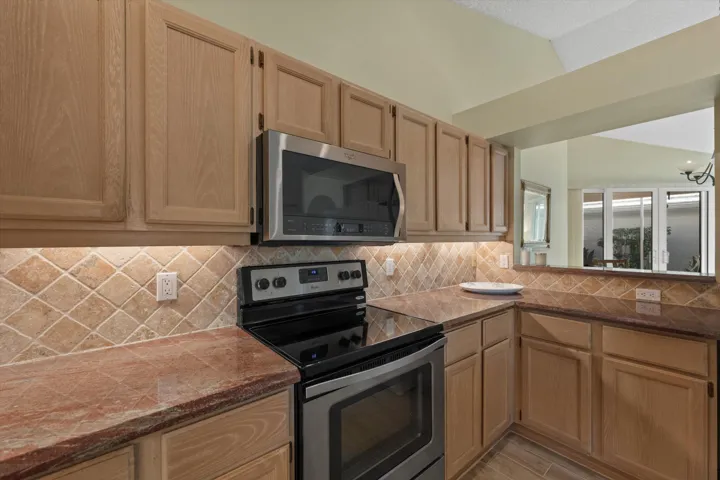 Kitchen overlooking dining area