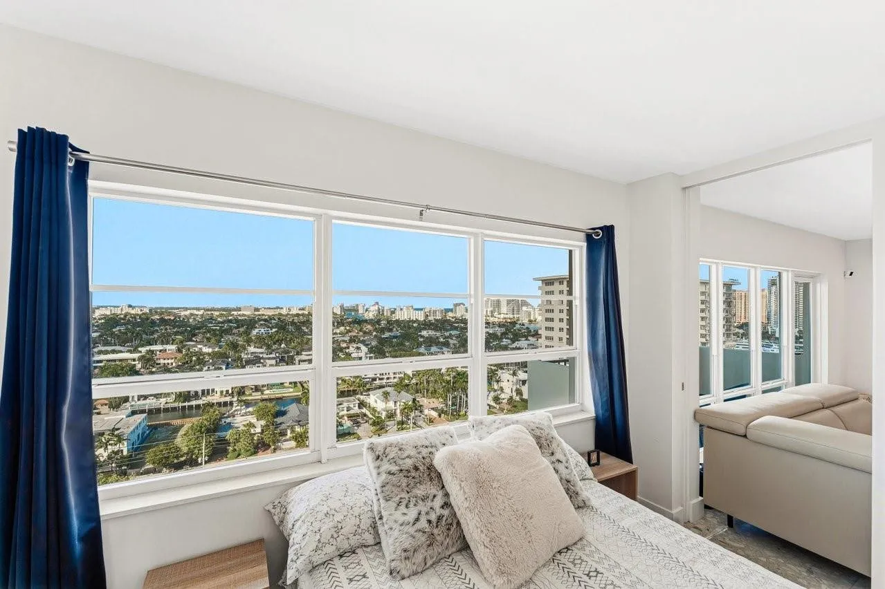 Guest room with water views can be made private by closing the pocket doors or left open to flow through