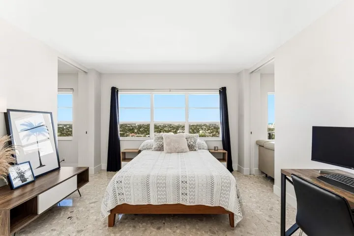 Guest bedroom or office can be made private by closing the flow-through pocket doors or left open to enjoy panoramic views