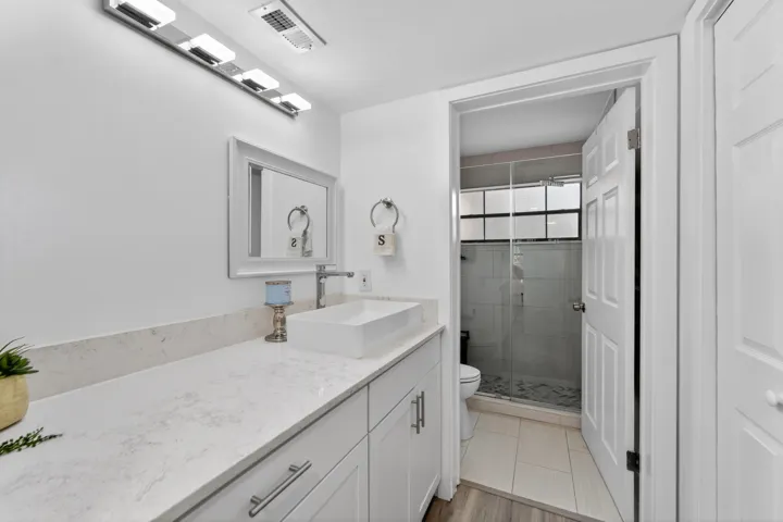 Primary bathroom with separate sink and vanity area
