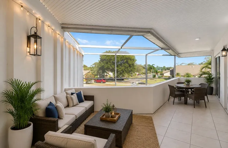 Virtually staged patio. The large screened in patio is your blank slate to create an additional, functional, outdoor living space.