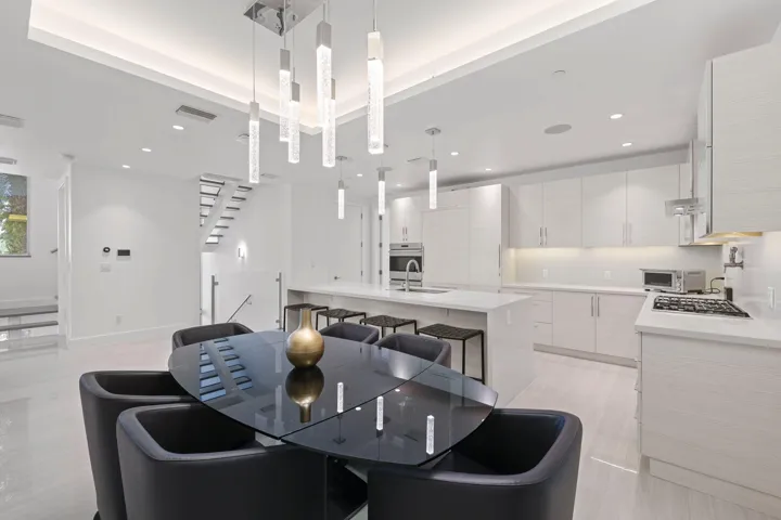Large dining room with beautiful lighting