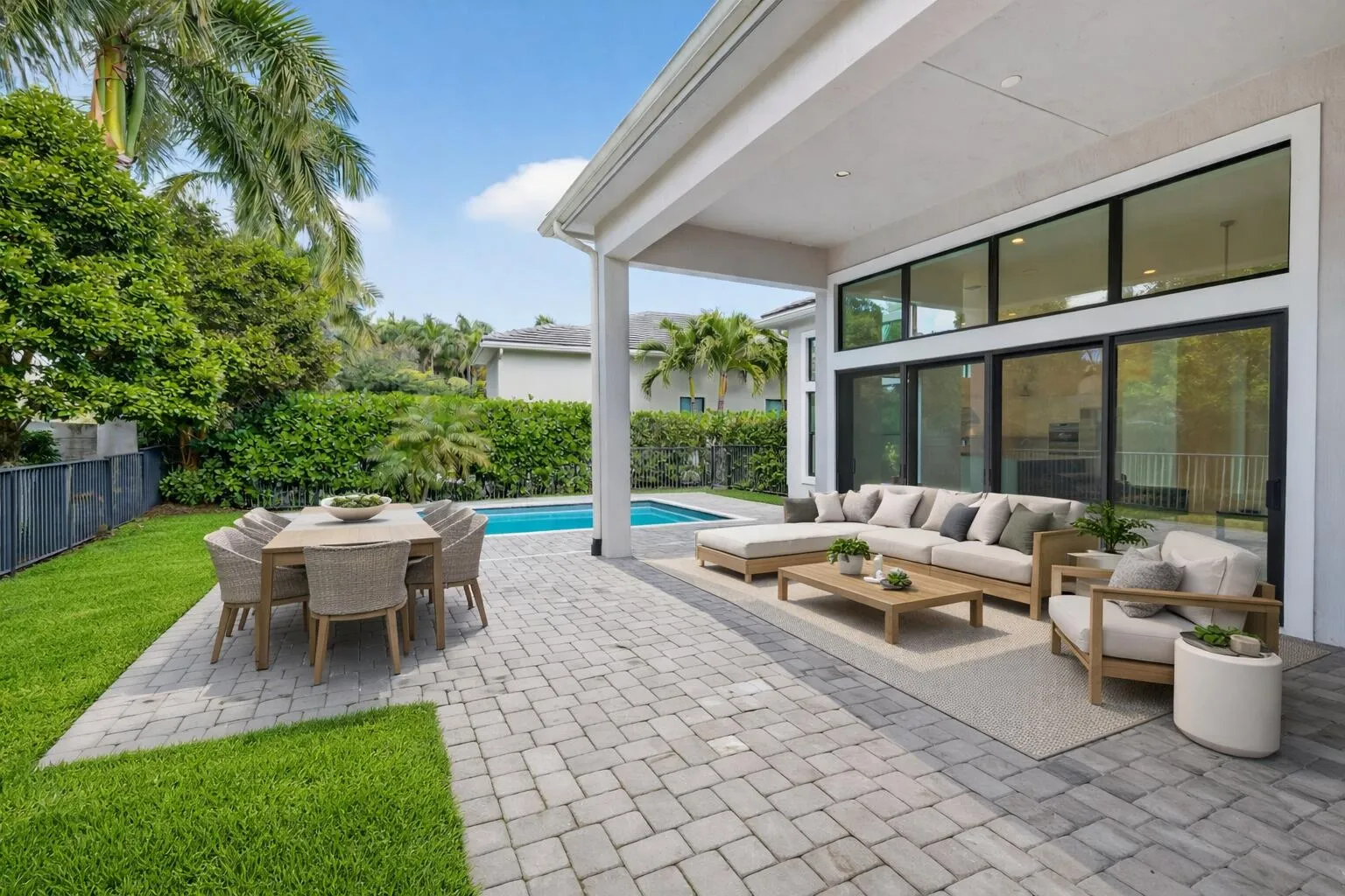 Contemporary patio with pool and greener