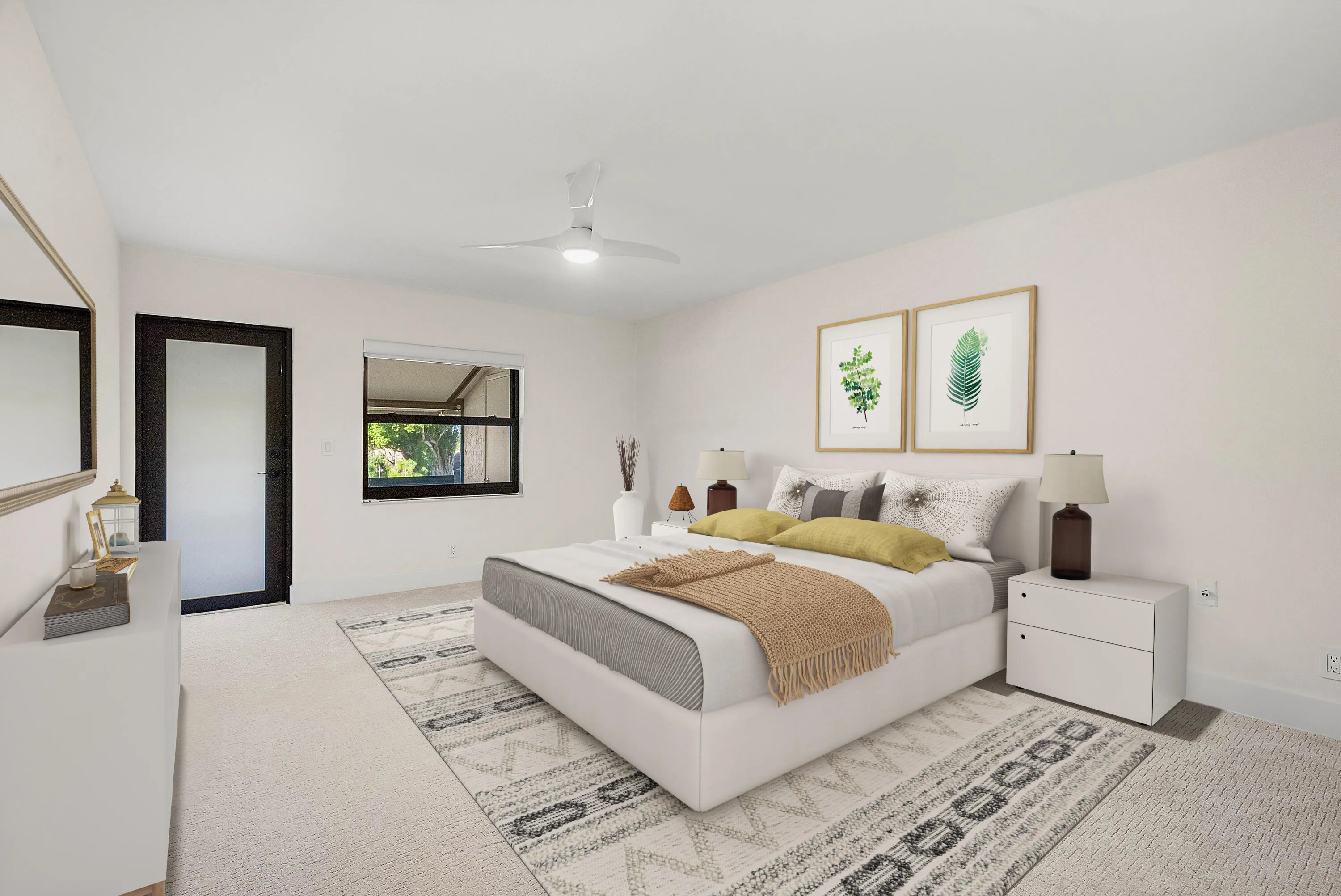 Primary bedroom virtually staged with king bed.