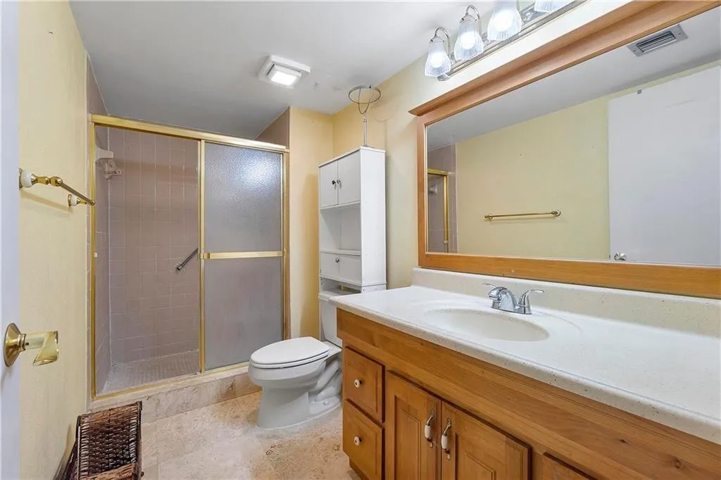 Master bath with plenty of counter space, walk-in shower