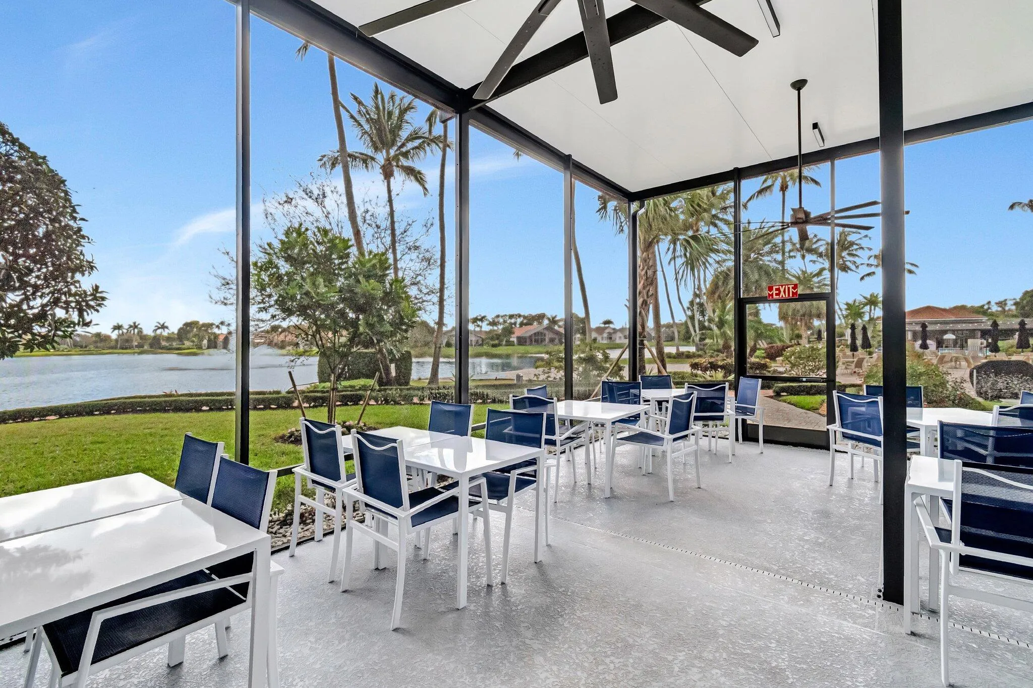 The Cafe's outdoor patio is fully screened and overlooks the main lake
